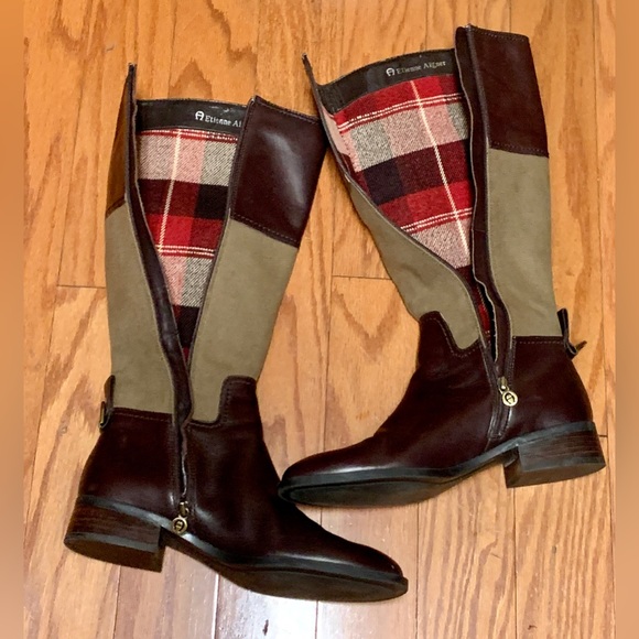 Women’s 6.5 M ETIENNE AIGNER Leather Canvas Plaid Lined Side Zip Riding Boots - Picture 11 of 16